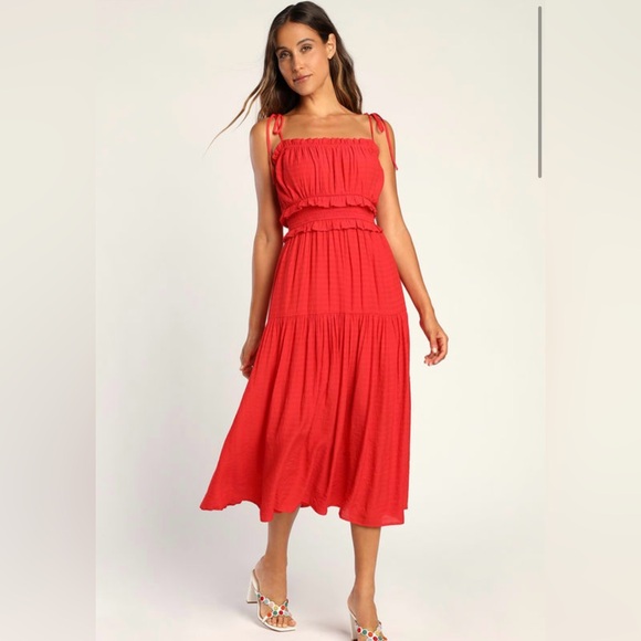 Lulu’s Strolling Santorini Red Tiered Smock Tie-Strap Midi Dress - Picture 2 of 7